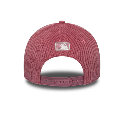 New York Yankees Youth MLB Cord Dark Red New Era 9FORTY M-Crown Adjustable Cap, rear view showing the white embroidered MLB Batterman logo centred on the textured dark red corduroy crown, with an adjustable strap featuring multiple notches.