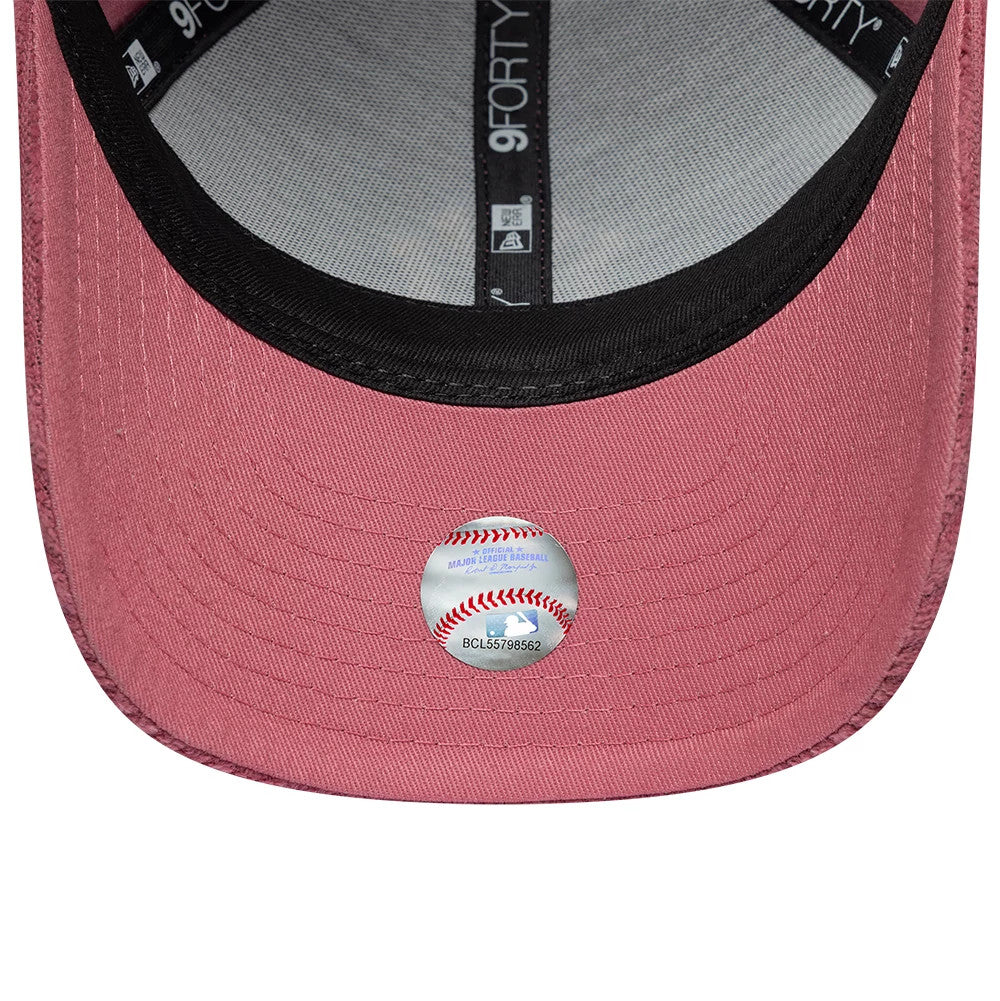 New York Yankees Youth MLB Cord Dark Red New Era 9FORTY M-Crown Adjustable Cap, inside view showing the black sweatband against the grey taping, a curved pink undervisor, and a baseball-themed sticker centred on the visor.