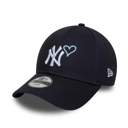 New York Yankees Youth MLB Heart Icon Navy New Era 9FORTY Adjustable Cap, front view showing the raised white NY logo paired with a blue heart icon on the front panel, curved navy visor, and 9FORTY size sticker on top.
