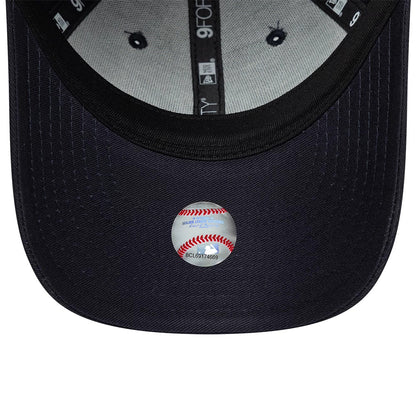 New York Yankees Youth MLB Heart Icon Navy New Era 9FORTY Adjustable Cap, inside view showing the grey sweatband, black taping with New Era branding, and a detailed baseball graphic sticker on the black undervisor.
