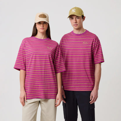The model is wearing this New Era Stripe T-Shirt in bright purple. 1