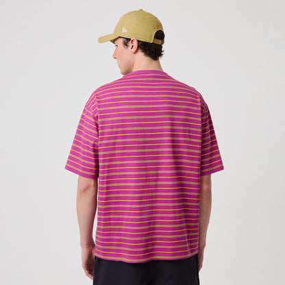 The model is wearing this New Era Stripe T-Shirt in bright purple. 2
