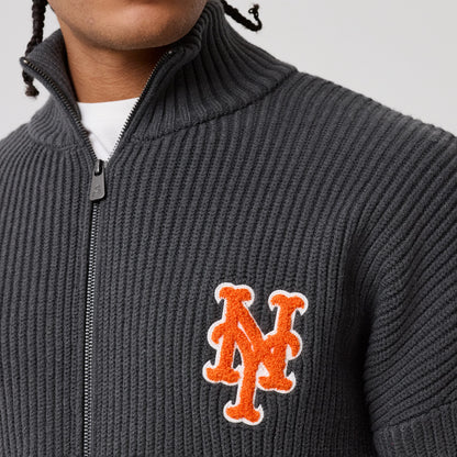 The model is wearing this MLB New York Mets 2 Way Zip Cardigan in charcoal. 5