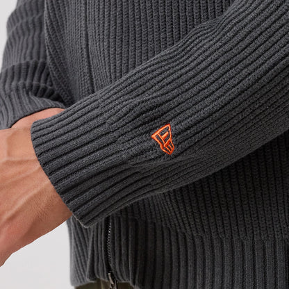 The model is wearing this MLB New York Mets 2 Way Zip Cardigan in charcoal. 7