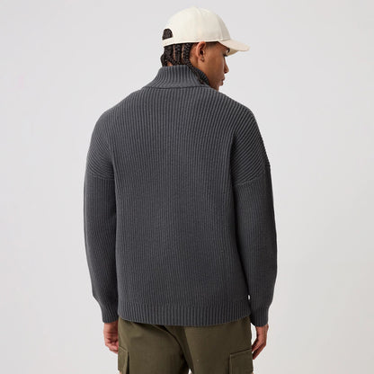 The model is wearing this MLB New York Mets 2 Way Zip Cardigan in charcoal. 2