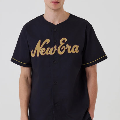 The model is wearing this New Era Straight Hem Jersey in navy. 3