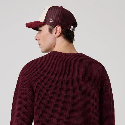 The model is wearing this MLB Waffle Knit New York Yankees Crew Neck Sweater in dark purple. 8
