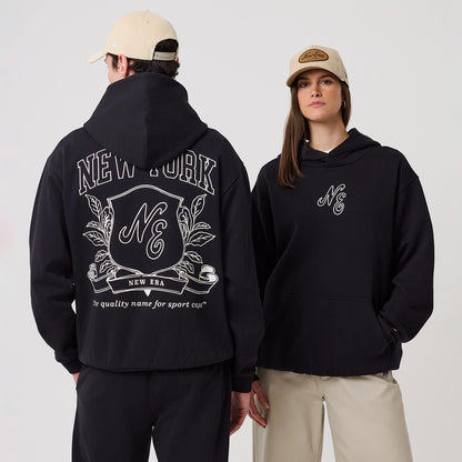 The model is wearing this New Era Crest Graphic Pullover Hoodie in navy. 1