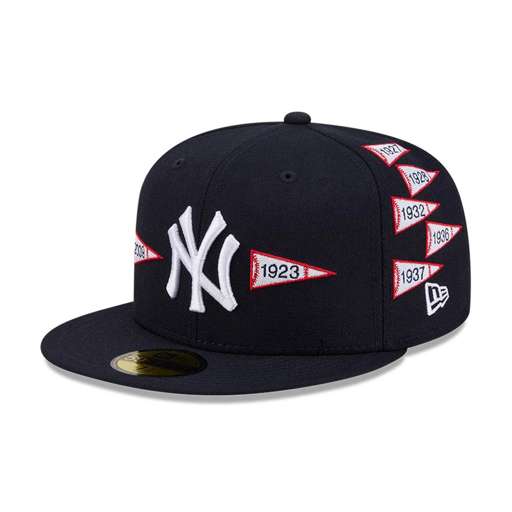 New York Yankees MLB X Spike Lee Flags Navy New Era 59FIFTY Fitted Cap, front view showing the white NY logo in raised embroidery on the navy crown, with embroidered pennant flags depicting historical dates on the side.