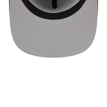 New York Knicks NBA Tip Off 2026 Dark Blue New Era 9FIFTY A-Frame Snapback Adjustable Cap, inside view showing the light grey undervisor with black stitching, black internal taping crossing over the crown, and black sweatband lining.