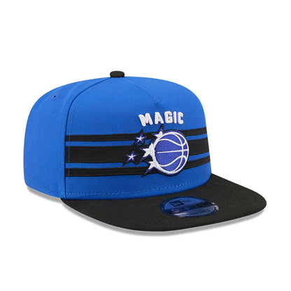 Orlando Magic NBA Tip Off 2026 Blue New Era 9FIFTY A-Frame Snapback Adjustable Cap, front view showing the white and blue embroidered Magic logo on the structured blue crown, complemented by black visor and 9FIFTY size sticker.