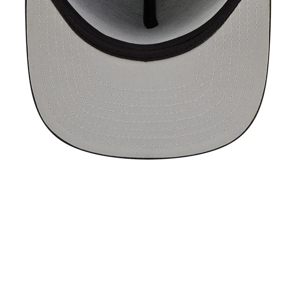 Orlando Magic NBA Tip Off 2026 Blue New Era 9FIFTY A-Frame Snapback Adjustable Cap, inside view showing a grey undervisor with contrasting black edge, white stitching pattern across the undervisor, and black taping on the inner crown.