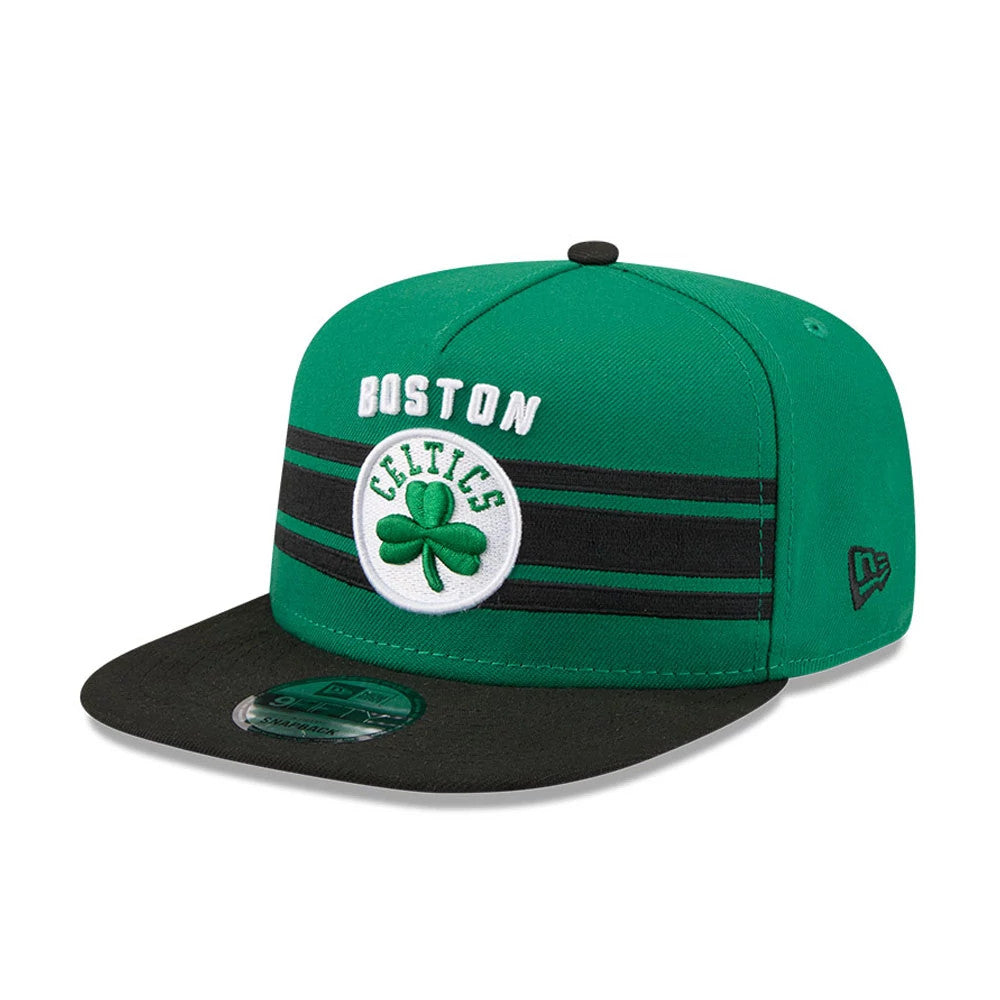 Boston Celtics NBA Tip Off 2026 Green New Era 9FIFTY A-Frame Snapback Adjustable Cap, three-quarter view showing raised white Boston arched over the Celtics logo with a green shamrock, black visor, and embroidered New Era flag on the left side.