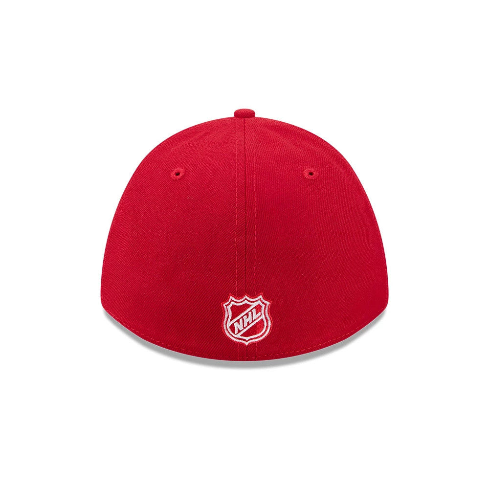 Detroit Red Wings NHL Team Red New Era 39THIRTY M-Crown Stretch Fit Cap, rear view showing the white embroidered NHL shield logo at the bottom centre of the structured red crown, complemented by matching red eyelets and a top button.