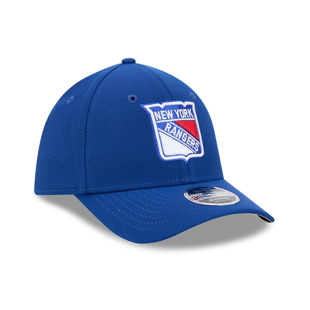 New York Rangers NHL Team Blue New Era 39THIRTY M-Crown Stretch Fit Cap, three-quarter view showing the raised embroidered team logo on the front panel, curved blue visor, and the 39THIRTY size sticker on the visor.