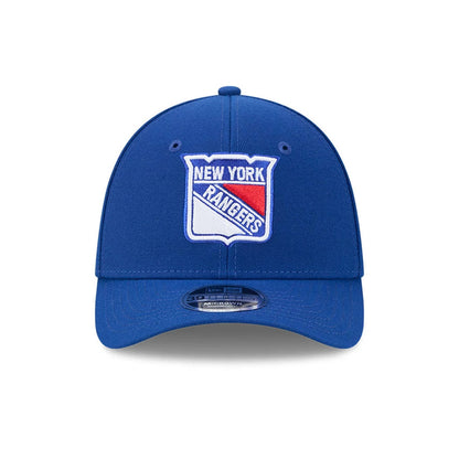 New York Rangers NHL Team Blue New Era 39THIRTY M-Crown Stretch Fit Cap, front view showing the white, blue, and red embroidered team logo on the structured blue crown, with a 39THIRTY size sticker on the curved blue visor.