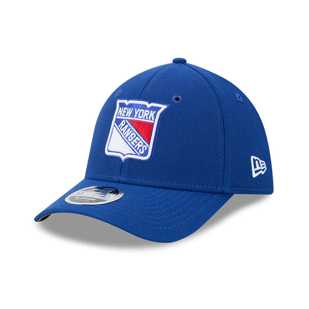 New York Rangers NHL Team Blue New Era 39THIRTY M-Crown Stretch Fit Cap, three-quarter view showing the raised embroidered team shield logo on the front panel, a curved blue visor with a 39THIRTY size sticker.