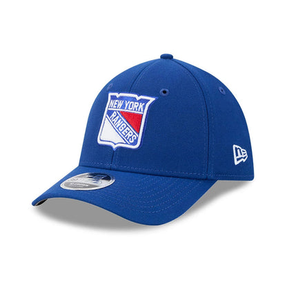 New York Rangers NHL Team Blue New Era 39THIRTY M-Crown Stretch Fit Cap, three-quarter view showing the raised embroidered team shield logo on the front panel, a curved blue visor with a 39THIRTY size sticker.