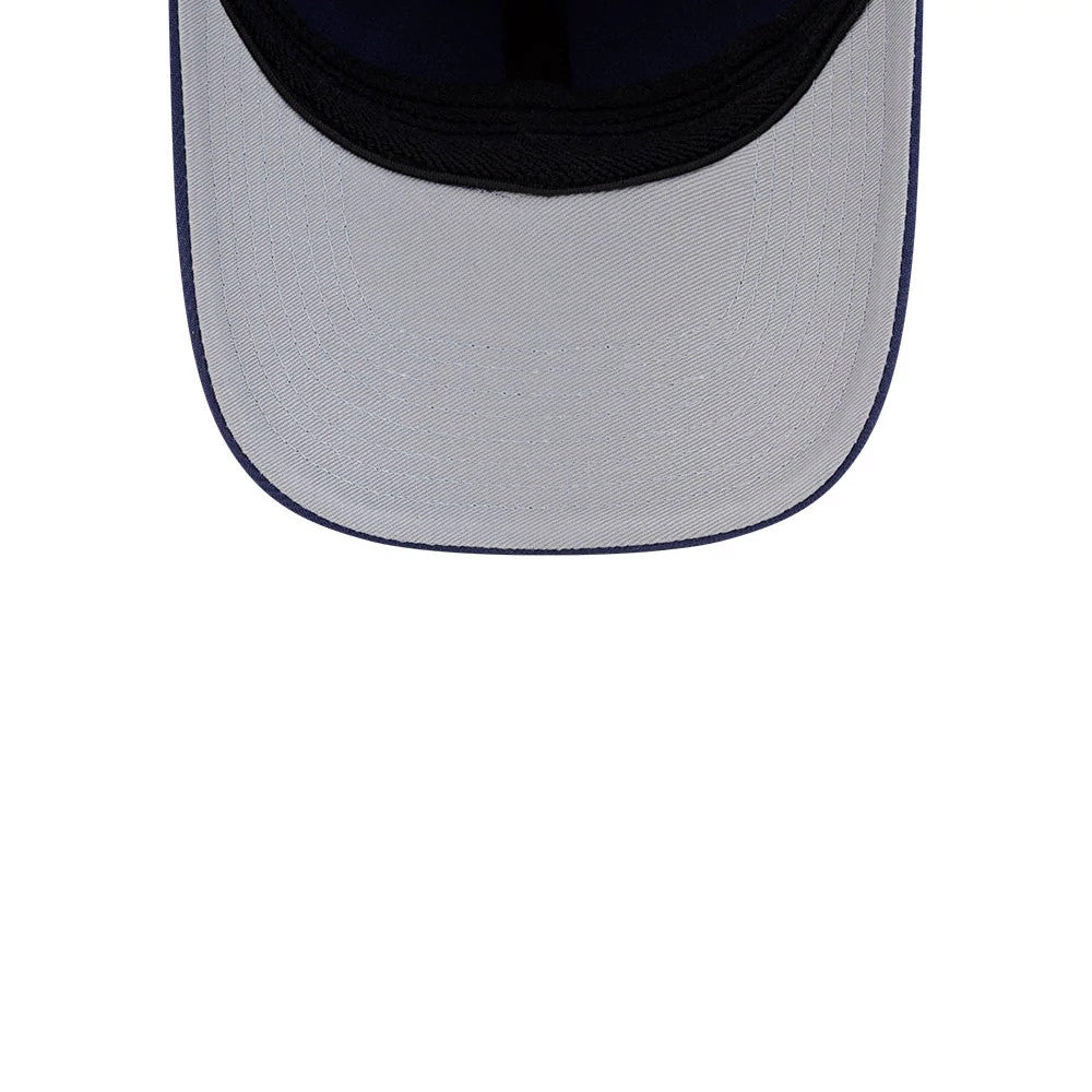 Toronto Maple Leafs NHL Team Navy New Era 39THIRTY M-Crown Stretch Fit Cap, inside view showing the white undervisor, black sweatband and navy interior, with a structured curve to the visor.