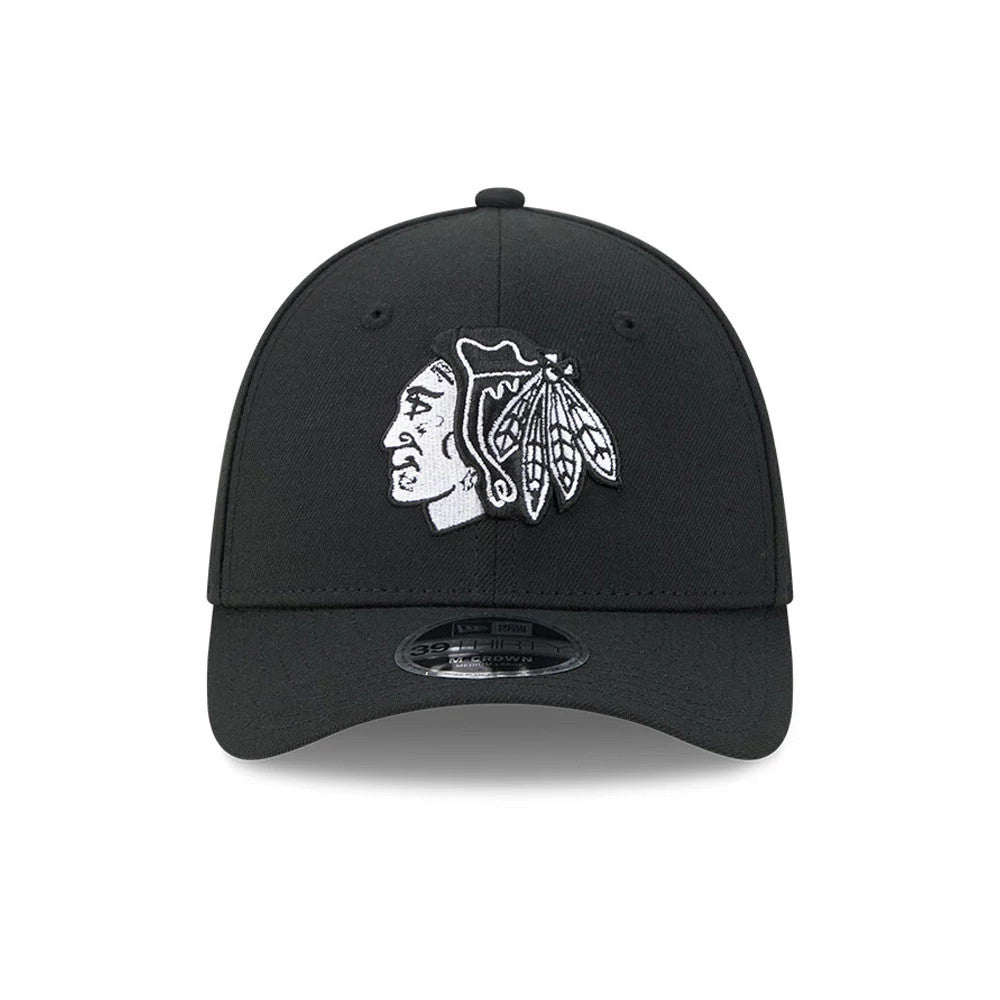 Pictured is this NHL Chicago Blackhawks 39THIRTY M-Crown Stretch Fit cap in black. 3