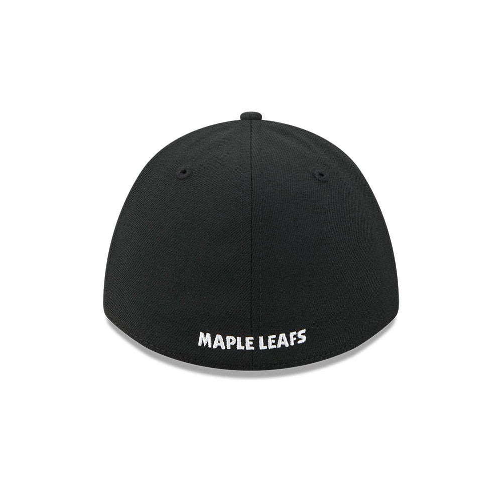 Toronto Maple Leafs NHL Black New Era 39THIRTY M-Crown Stretch Fit Cap, rear view showing the white embroidered Maple Leafs text at the lower edge of the black structured crown, with two black eyelets and a central top button.