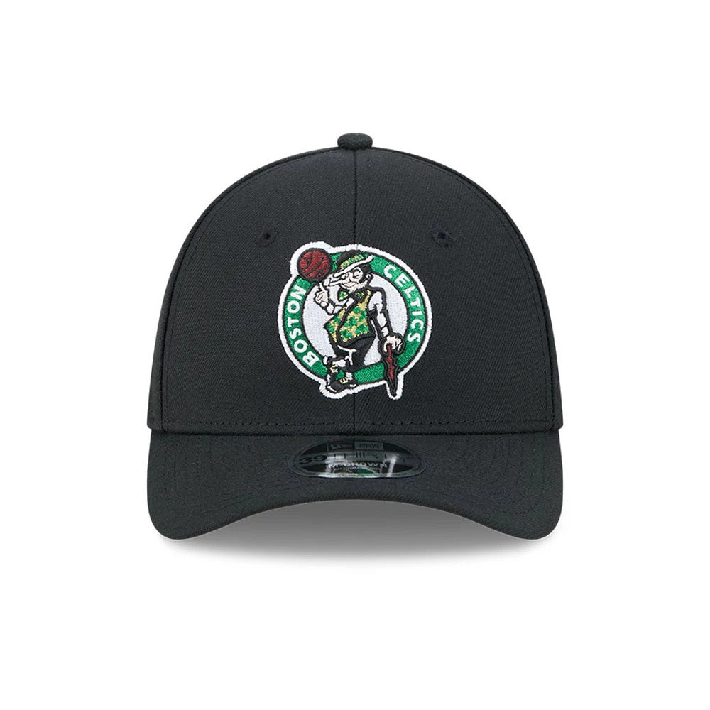 Boston Celtics NBA Team Black New Era 39THIRTY M-Crown Stretch Fit Cap, front view showing the team logo in raised embroidery centred on the structured black crown, with a curved visor and 39THIRTY size sticker on the visor.