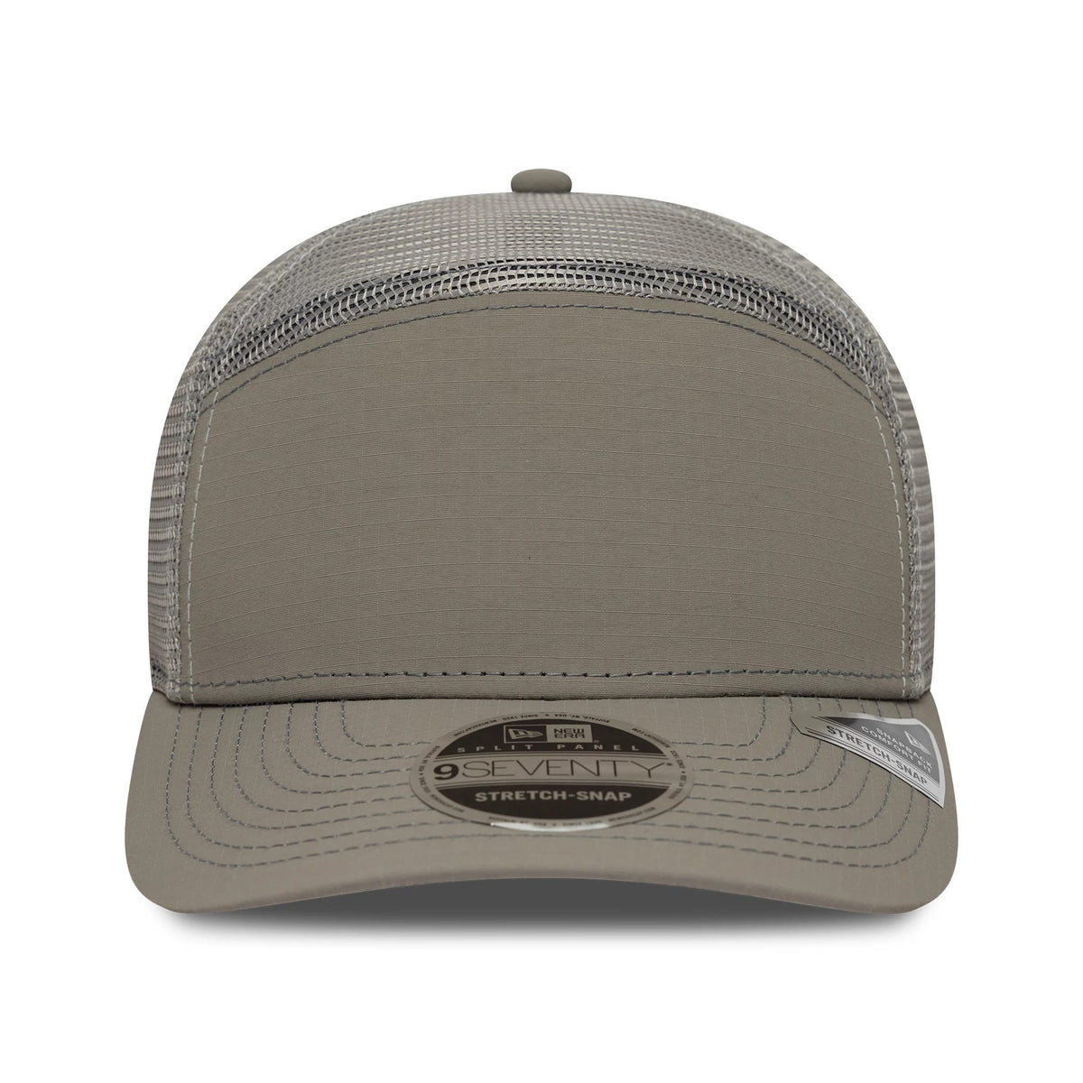 Pictured is this New Era Elevated Basics 9SEVENTY Split Panel Stretch Snap cap in open grey. 2
