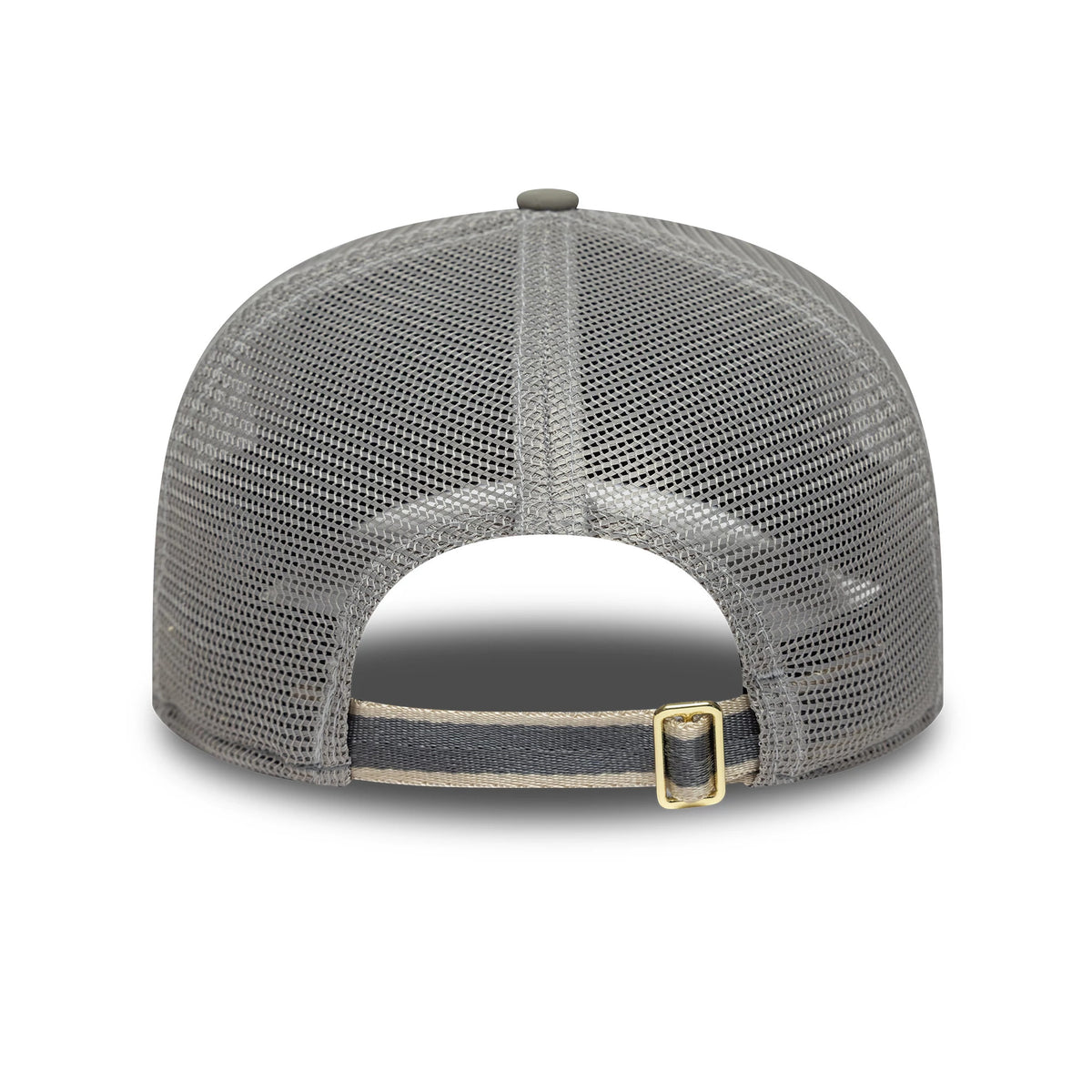 New Era Elevated Basics Open Grey 9SEVENTY Split Panel Stretch Snap Cap, rear view showing a grey mesh back with a split panel design, an adjustable strap with a gold buckle, and a top button matching the grey mesh.