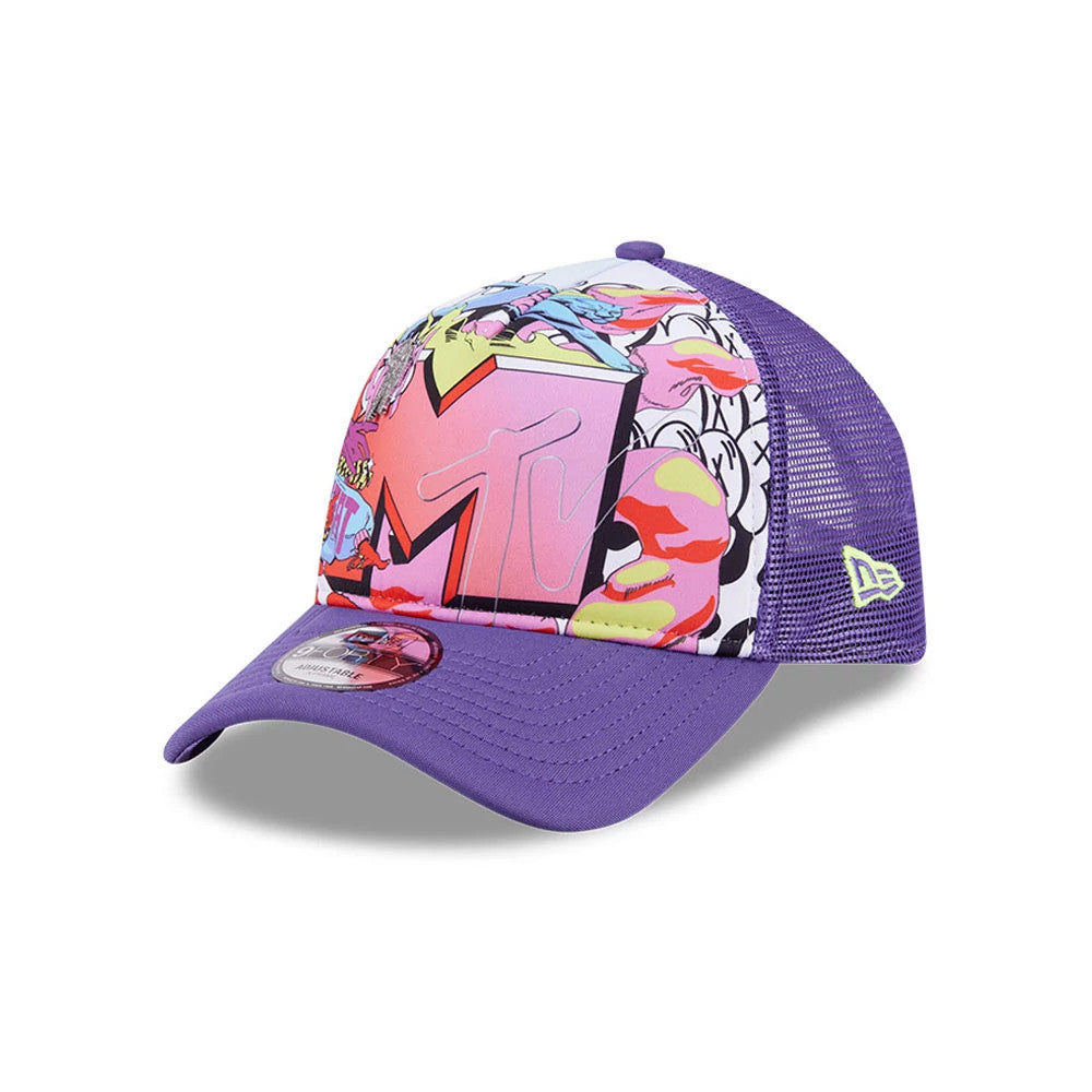 Pictured is this MTV Graphic 9FORTY A-Frame Trucker cap in purple. 1