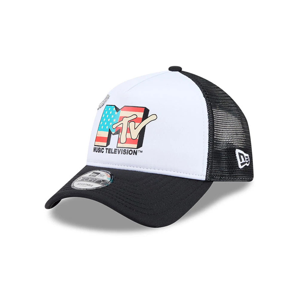 Pictured is this MTV Logo 9FORTY A-Frame Trucker cap in black. 3