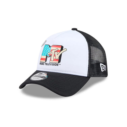 Pictured is this MTV Logo 9FORTY A-Frame Trucker cap in black. 3