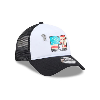 Pictured is this MTV Logo 9FORTY A-Frame Trucker cap in black. 1