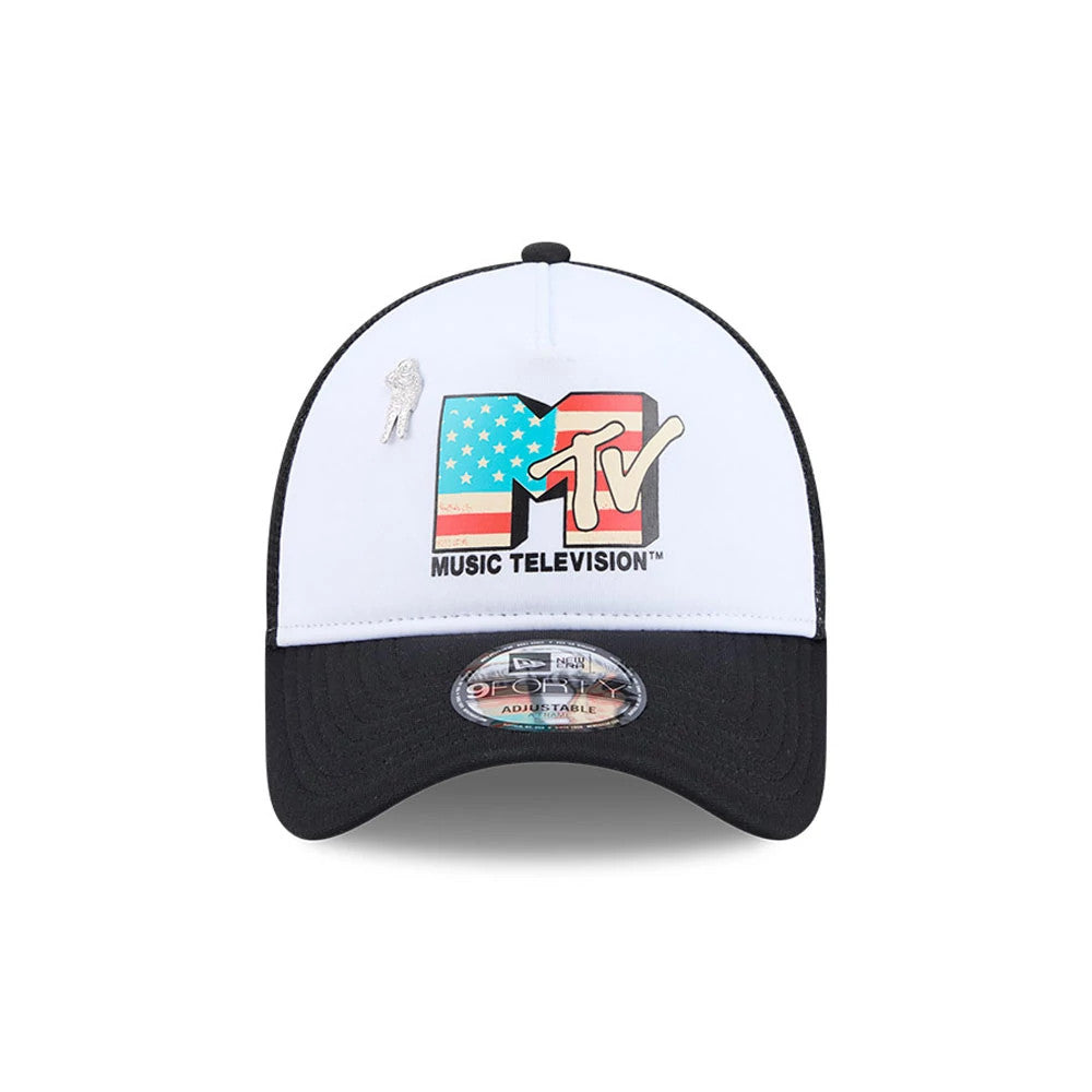 Pictured is this MTV Logo 9FORTY A-Frame Trucker cap in black. 2