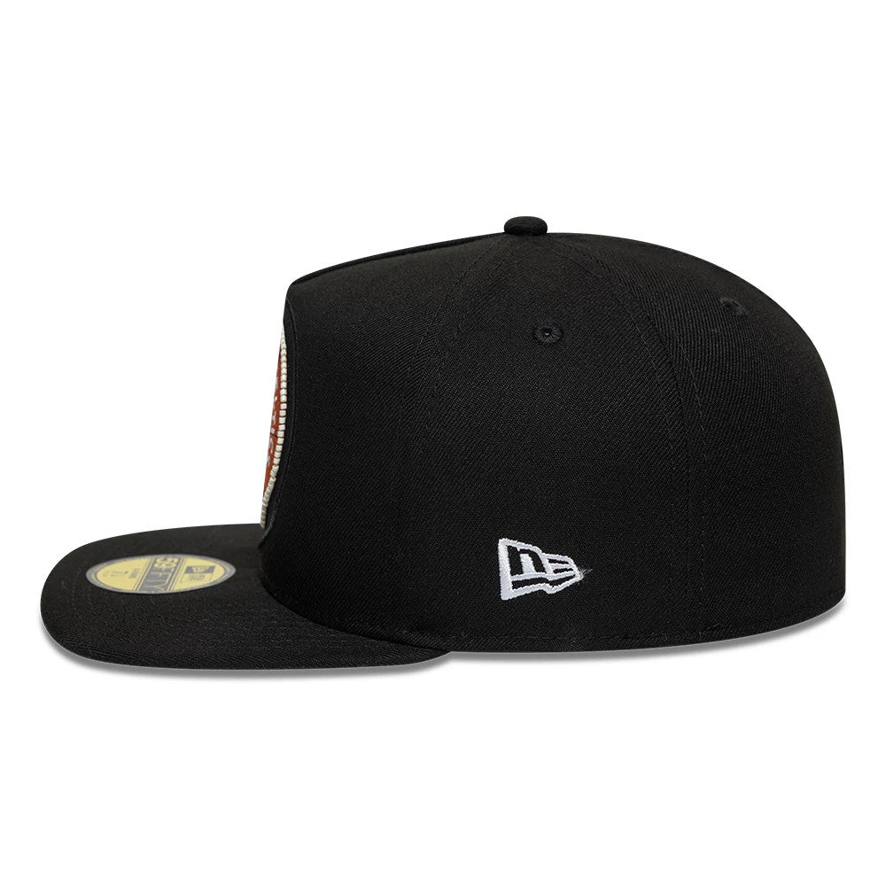 Boston Celtics NBA Bead Black New Era 59FIFTY A-Frame Fitted Cap, side view showing the white embroidered New Era flag logo on the left side of the structured black crown, with a flat visor featuring a gold 59FIFTY size sticker.