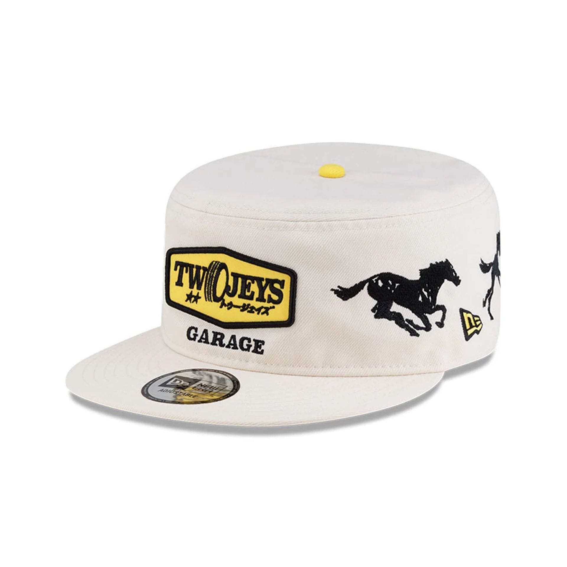 Pictured is this Twojeys X New Era Garage Pillbox Adjustable cap in Cream. 1