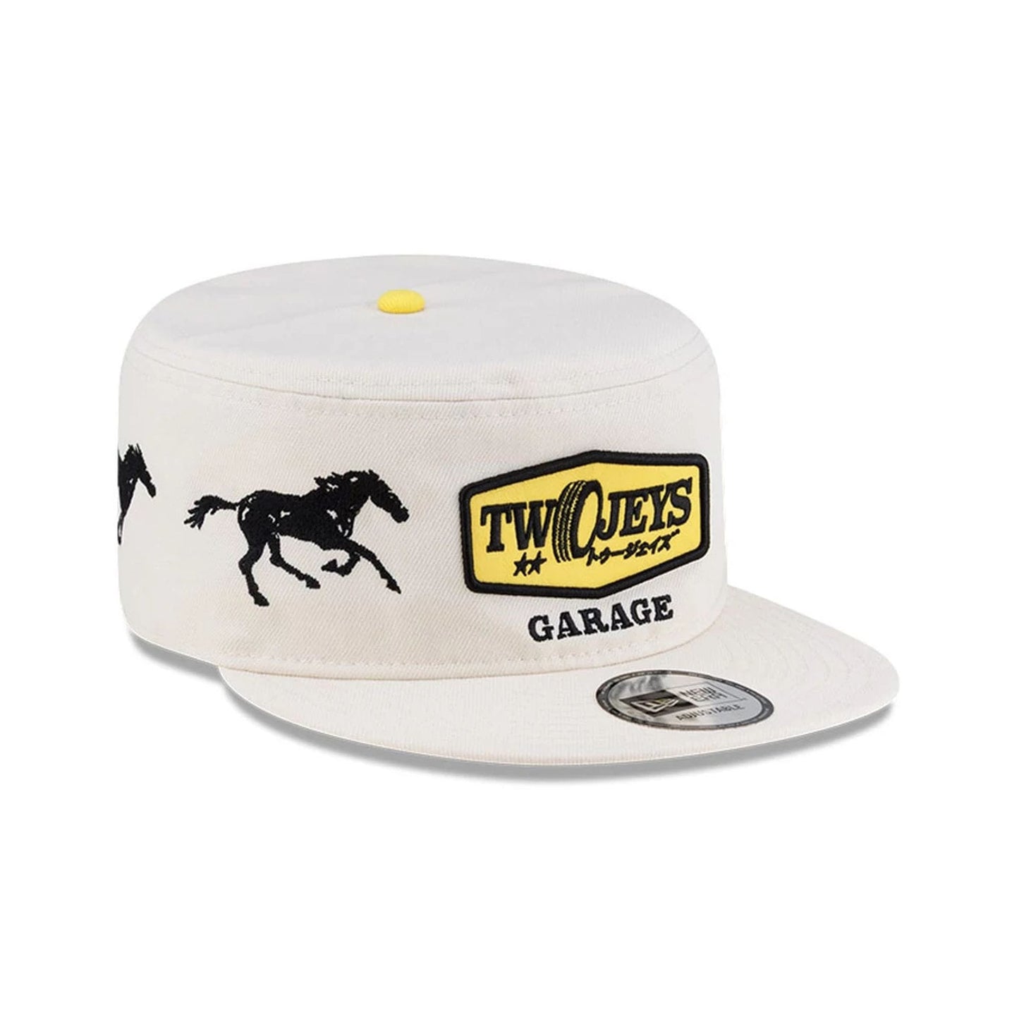 Pictured is this Twojeys X New Era Garage Pillbox Adjustable cap in Cream. 4