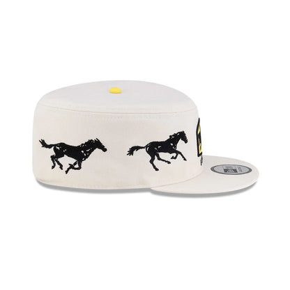 Pictured is this Twojeys X New Era Garage Pillbox Adjustable cap in Cream. 5