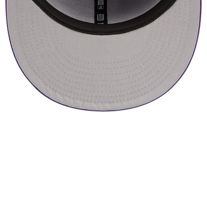 LA Lakers NBA X J-FROST Purple New Era 59FIFTY Fitted Cap, inside view showing light grey undervisor with detailed stitching, black sweatband encircling the interior, and New Era taping in black running vertically along the centre of the crown.