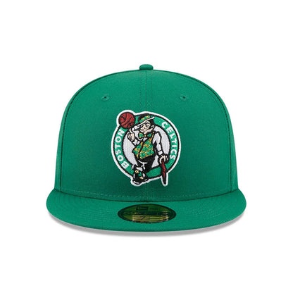 Boston Celtics NBA X J-FROST Green New Era 59FIFTY Fitted Cap, front view showing the raised embroidered Celtics mascot logo in detailed green and white on the structured crown, with a matching solid green visor and gold 59FIFTY size sticker.