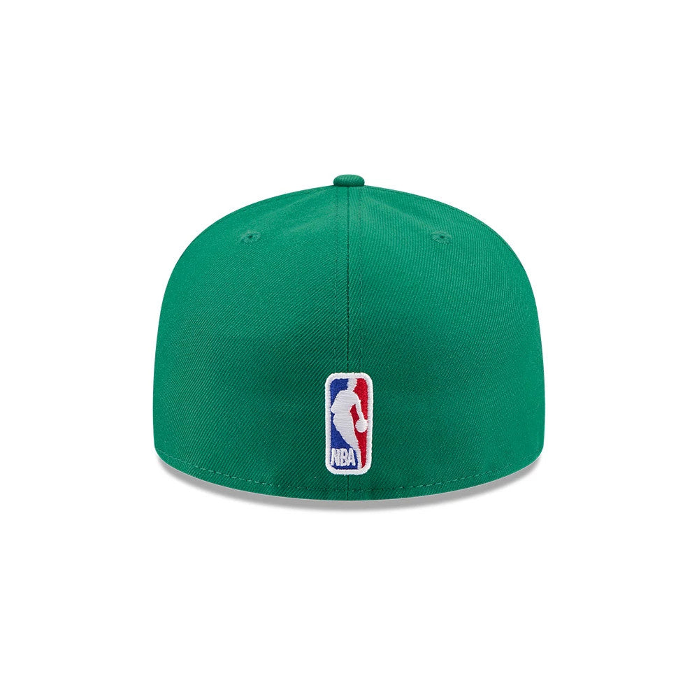 Boston Celtics NBA X J-FROST Green New Era 59FIFTY Fitted Cap, rear view showing the embroidered NBA logo badge at the centre back of the green structured crown, with matching green eyelets and a top button present.