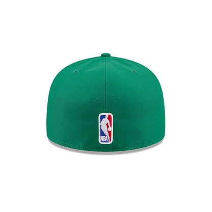 Boston Celtics NBA X J-FROST Green New Era 59FIFTY Fitted Cap, rear view showing the embroidered NBA logo badge at the centre back of the green structured crown, with matching green eyelets and a top button present.