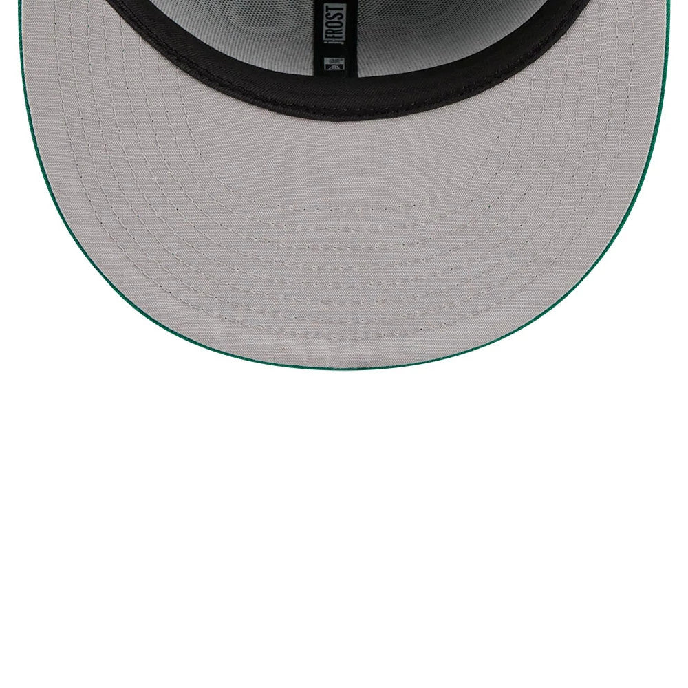 Boston Celtics NBA X J-FROST Green New Era 59FIFTY Fitted Cap, inside view showing the black sweatband, grey undervisor with a green edge, and the taping featuring the J-FROST logo running along the centre.