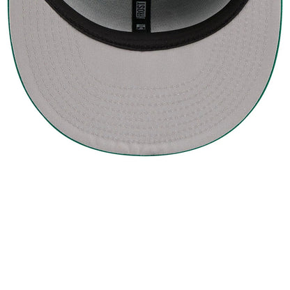Boston Celtics NBA X J-FROST Green New Era 59FIFTY Fitted Cap, inside view showing the black sweatband, grey undervisor with a green edge, and the taping featuring the J-FROST logo running along the centre.