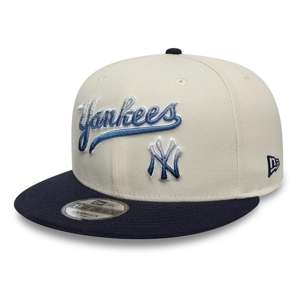 Pictured is this MLB Ombre Script New York Yankees 9FIFTY Snapback cap in light beige & navy. 3