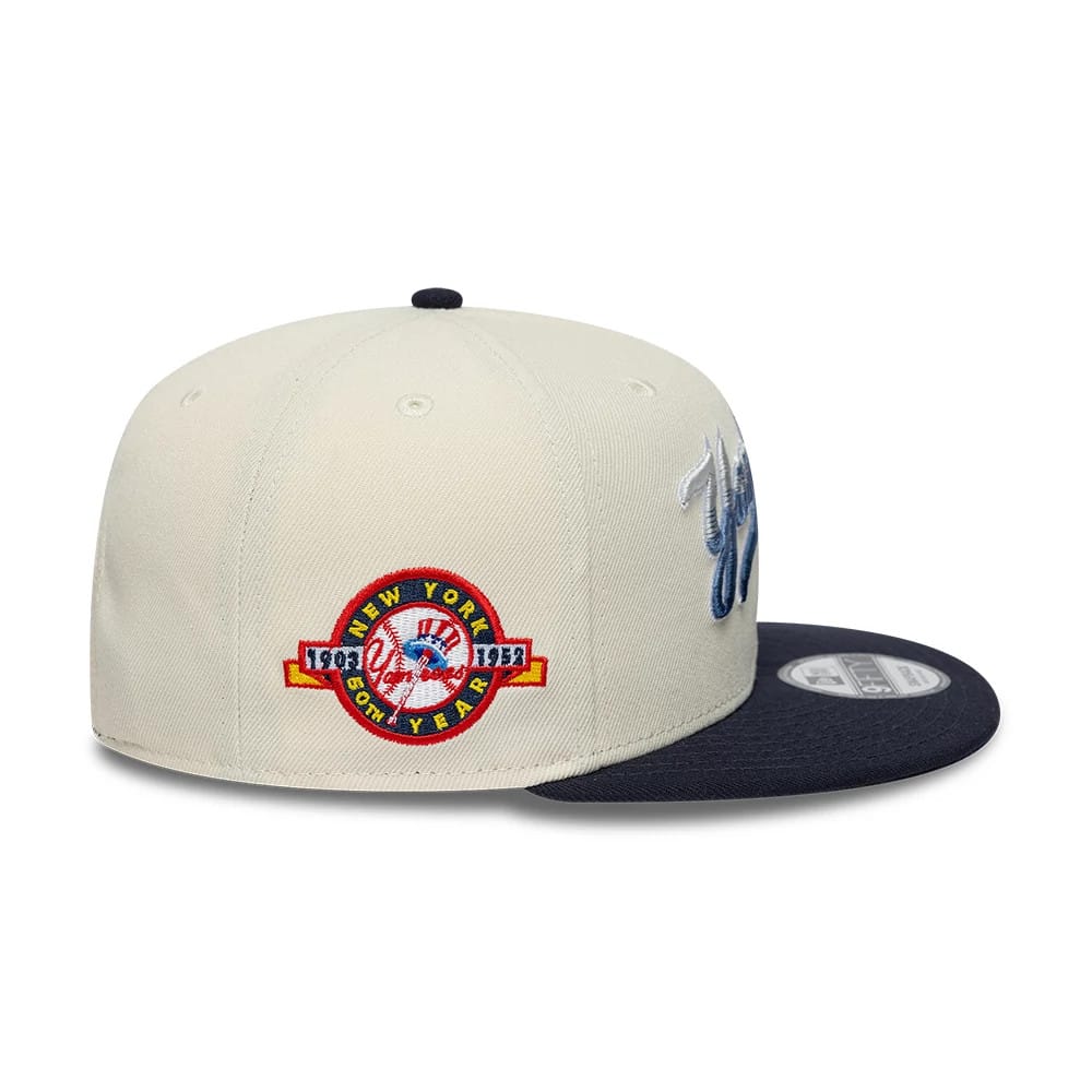 Pictured is this MLB Ombre Script New York Yankees 9FIFTY Snapback cap in light beige. 4