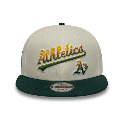 Pictured is this MLB Ombre Script Athletics 9FIFTY Snapback cap in light beige. 2