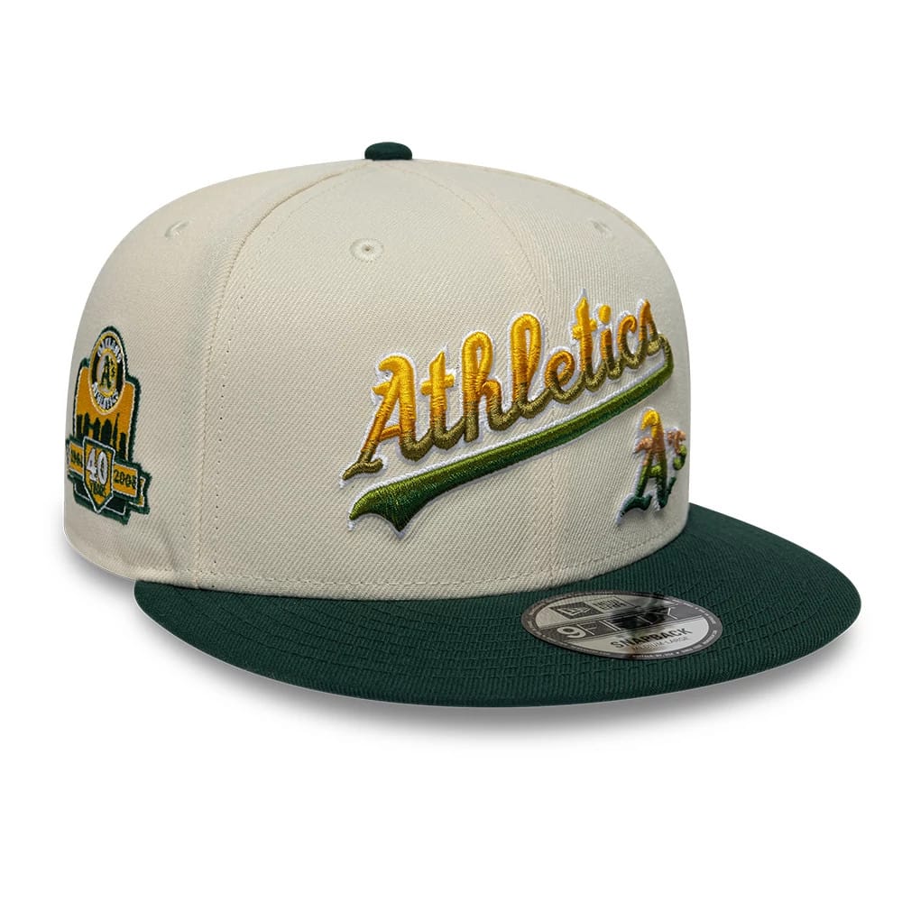 Pictured is this MLB Ombre Script Athletics 9FIFTY Snapback cap in light beige. 1