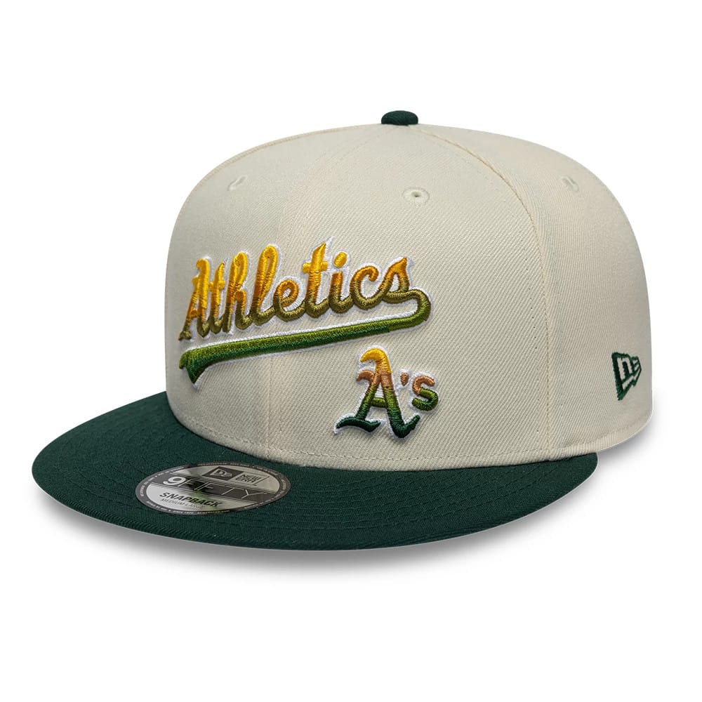 Pictured is this MLB Ombre Script Athletics 9FIFTY Snapback cap in light beige. 3