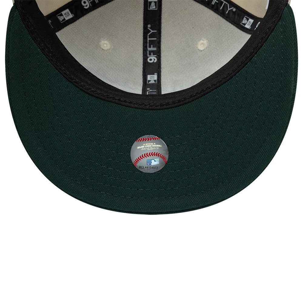 Pictured is this MLB Ombre Script Athletics 9FIFTY Snapback cap in light beige & dark green. 7