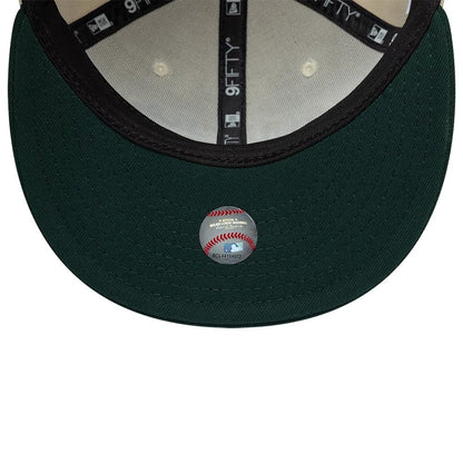 Pictured is this MLB Ombre Script Athletics 9FIFTY Snapback cap in light beige. 7